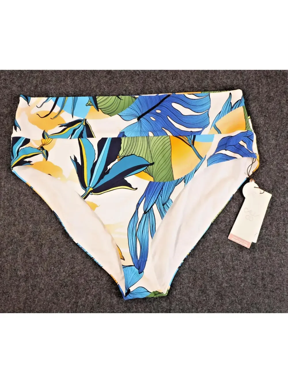 Calia Swim Bottom Womens XL Tropical Leaf Bikini Bottom Blue Green High Rise NWT